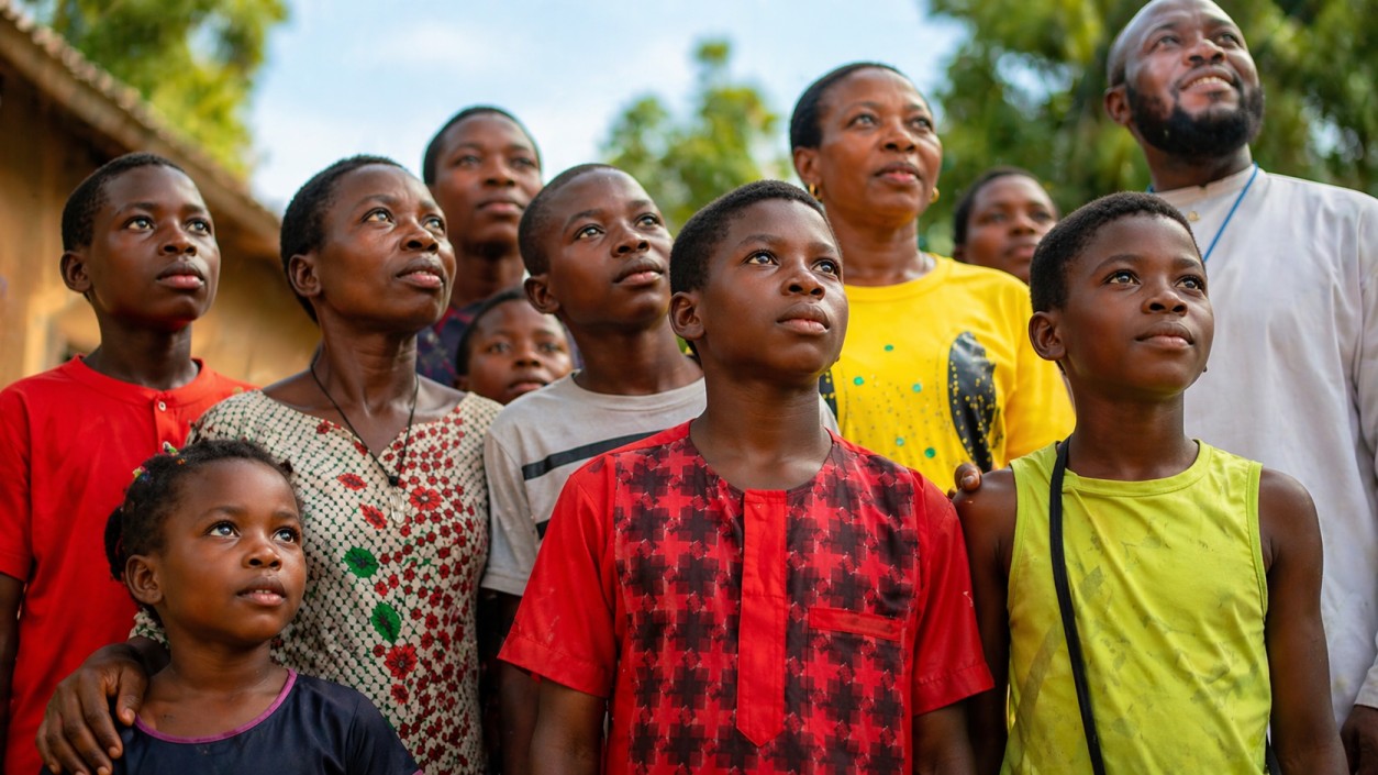 Group of children and adults standing together outdoors, looking upward with hopeful expressions, symbolizing unity and a brighter future.