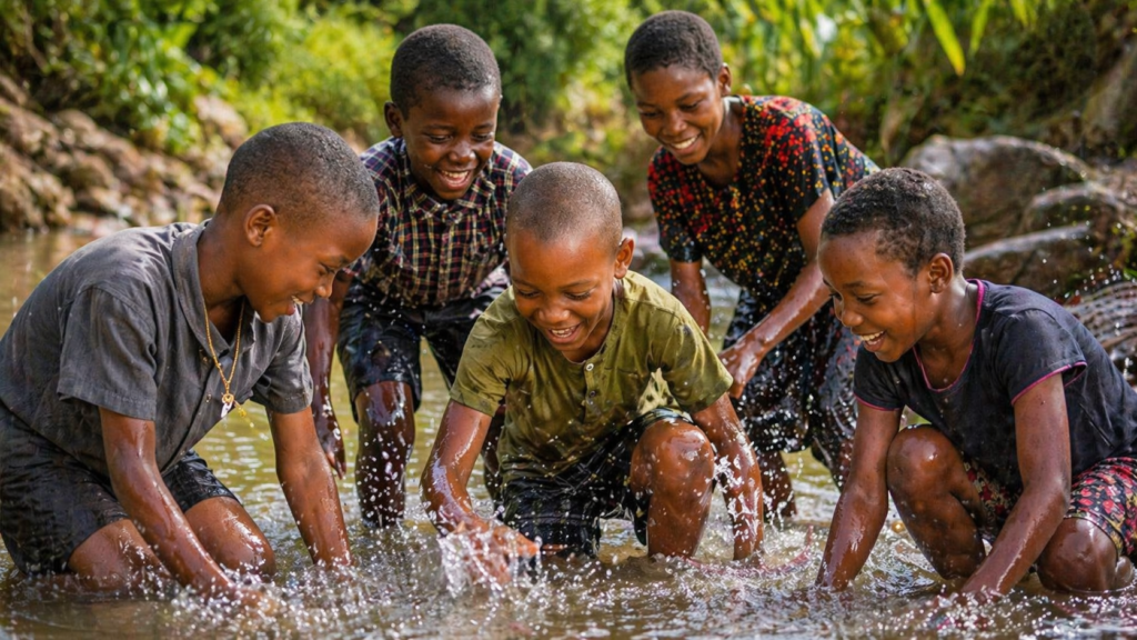 Group of children laughing and playing together in a shallow stream, splashing water and enjoying a joyful outdoor moment.