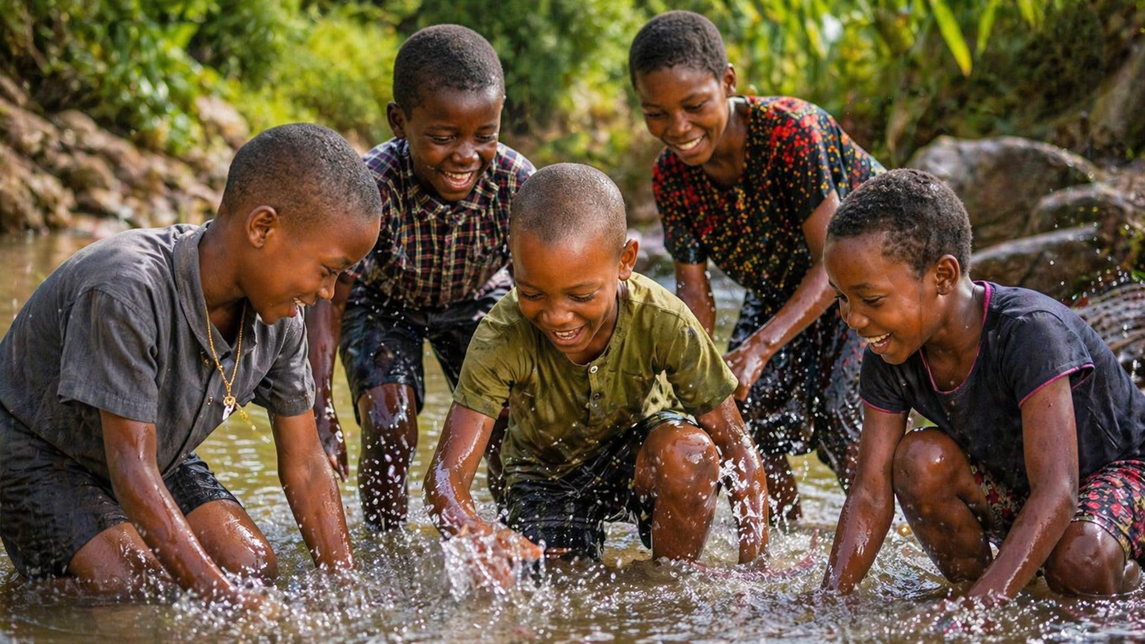 Group of children laughing and playing together in a shallow stream, splashing water and enjoying a joyful outdoor moment.