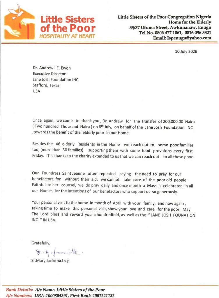 official Letter of Appreciation from Sister Mary on behalf of the facility.
